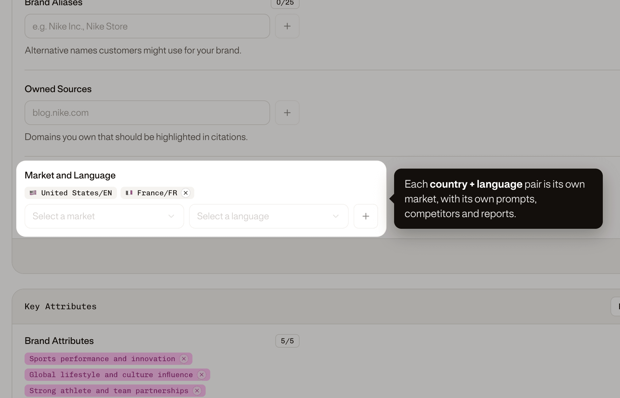 Markets and languages are set from your brand setup.