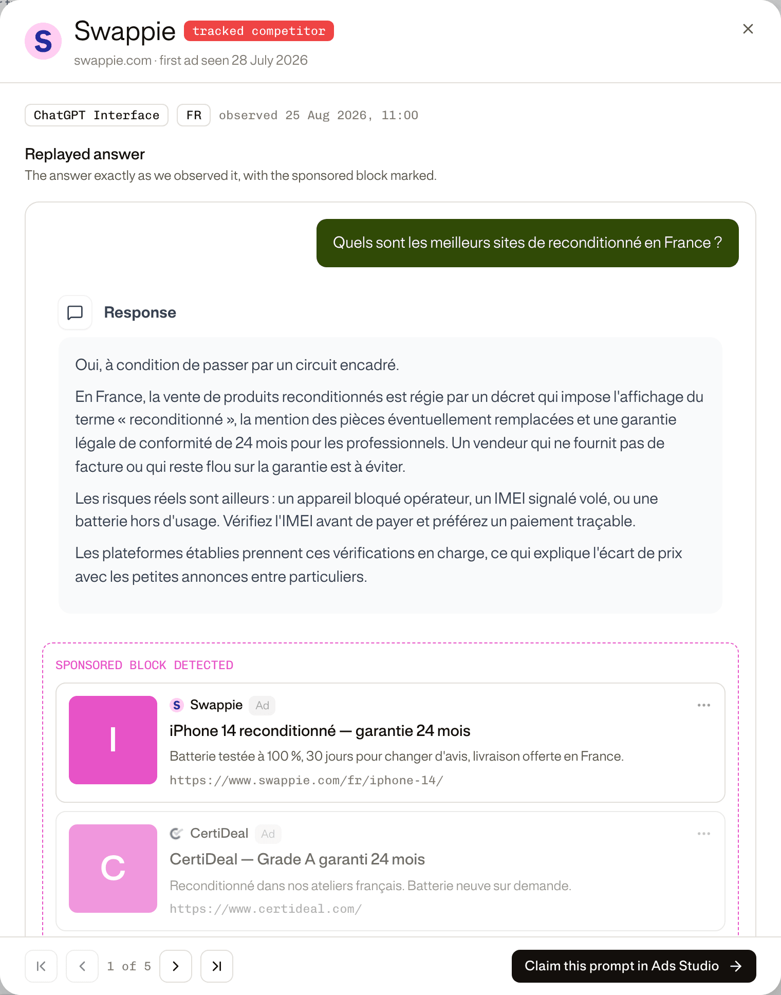 A captured ChatGPT answer with its sponsored block outlined, and the button to claim the prompt in Ads Studio.