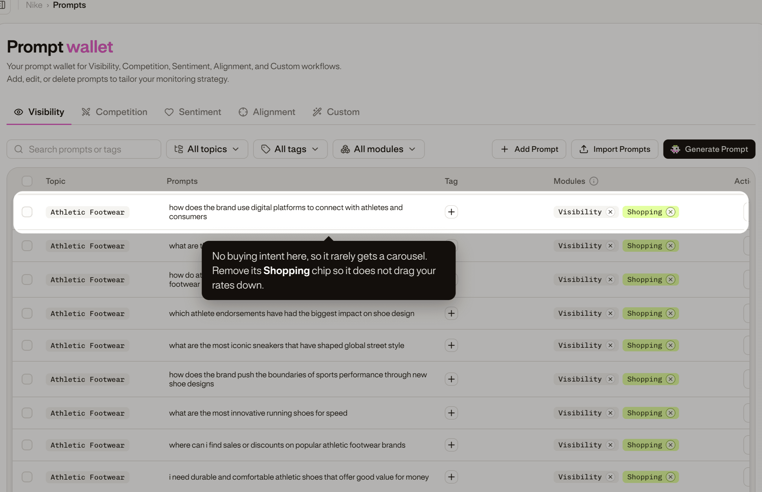 The Prompt Wallet with one prompt highlighted: a question about digital platforms, with no buying intent, still carrying the Shopping chip.