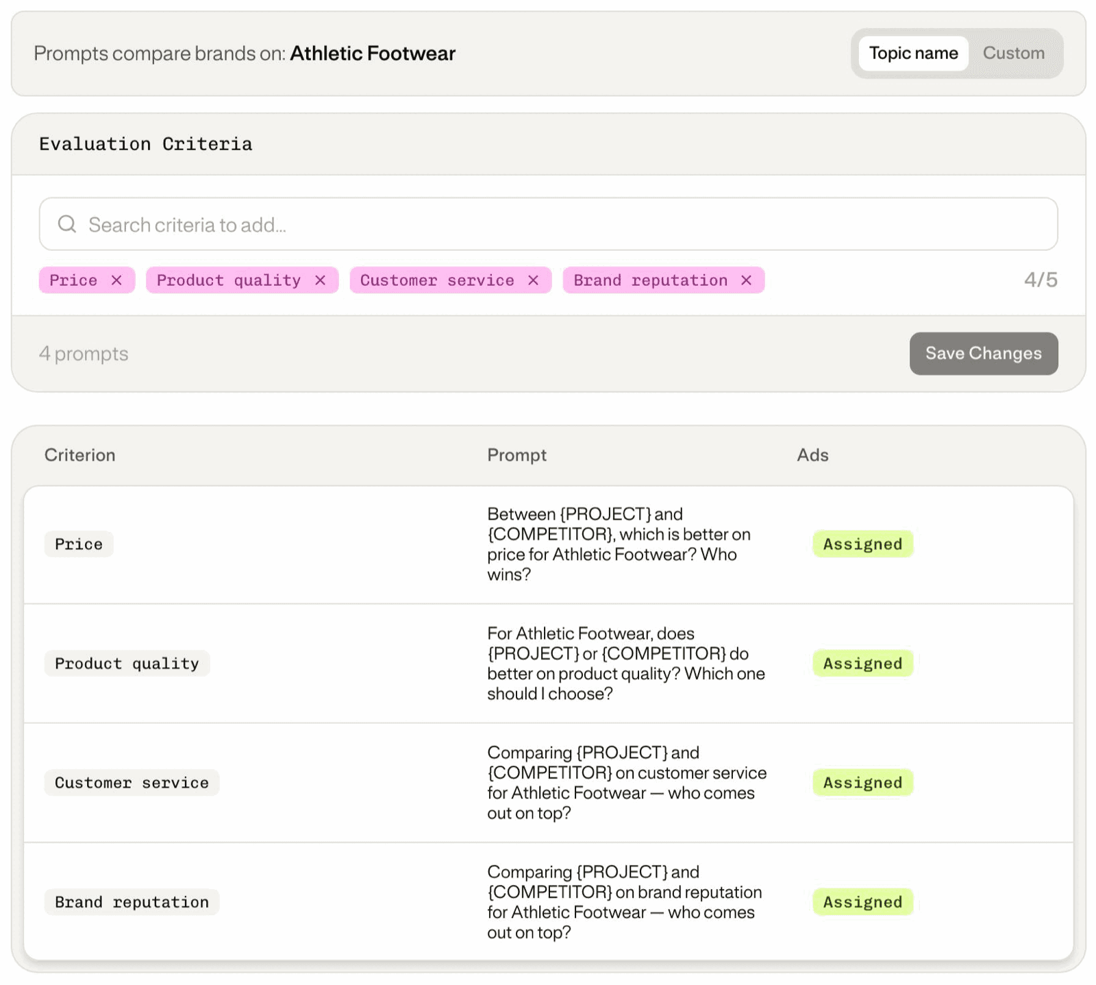 Evaluation Criteria with four criteria selected and the prompt generated for each.