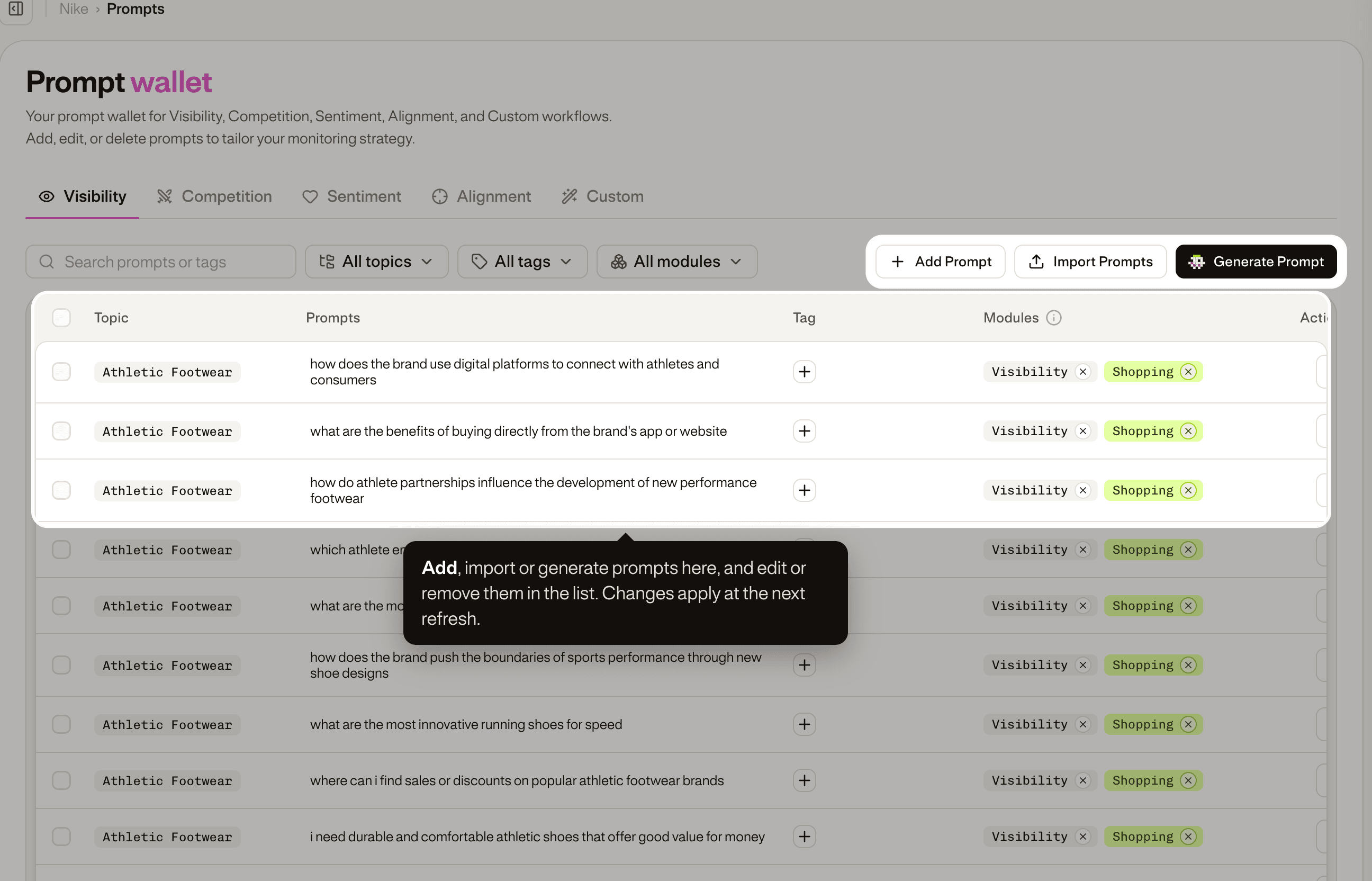The Prompt Wallet: the Add Prompt, Import Prompts and Generate Prompt buttons above the list of tracked prompts, each with its topic.