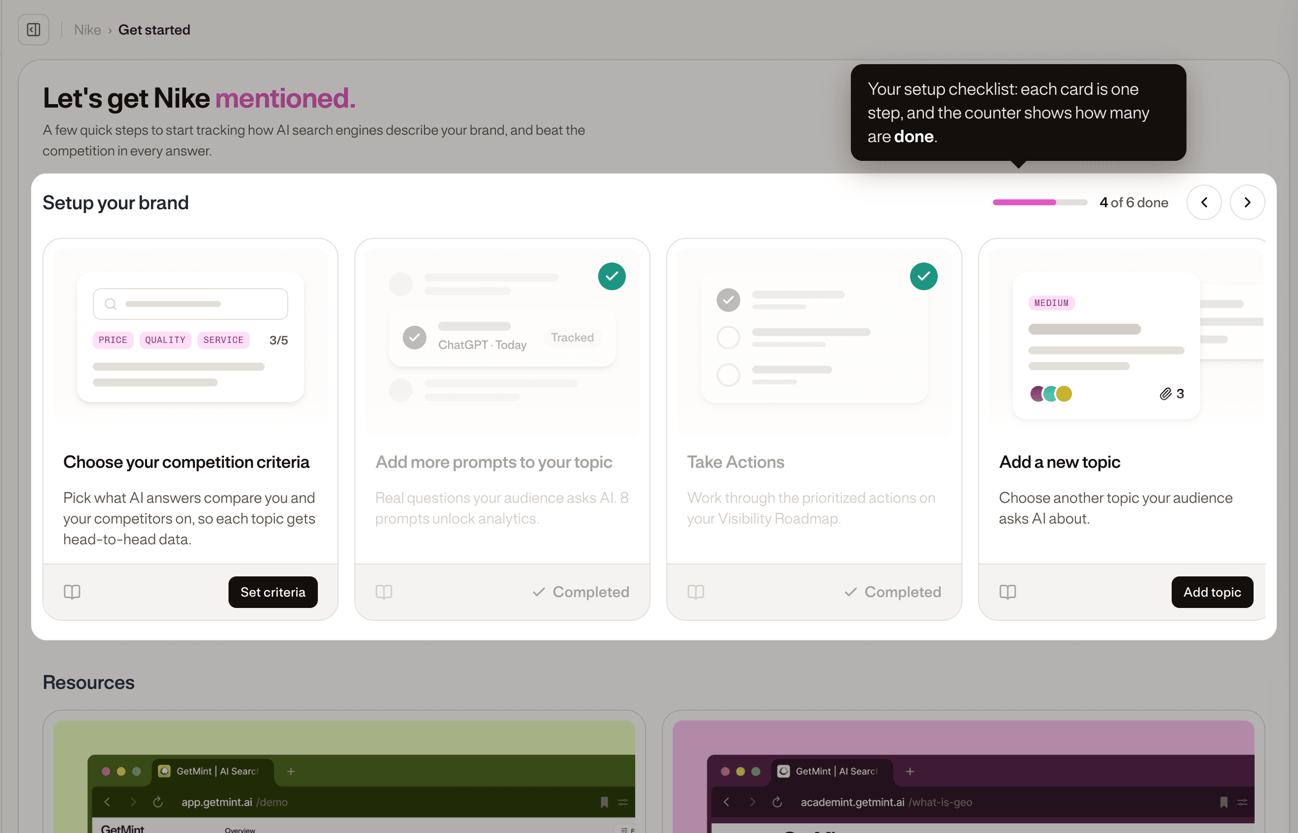 The setup checklist you land on after signing up.