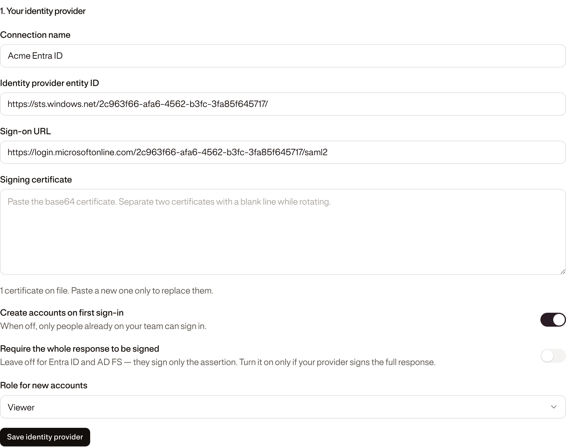 Section 1, Your identity provider: connection name, entity ID, sign-on URL, signing certificate, the two switches and the role for new accounts.