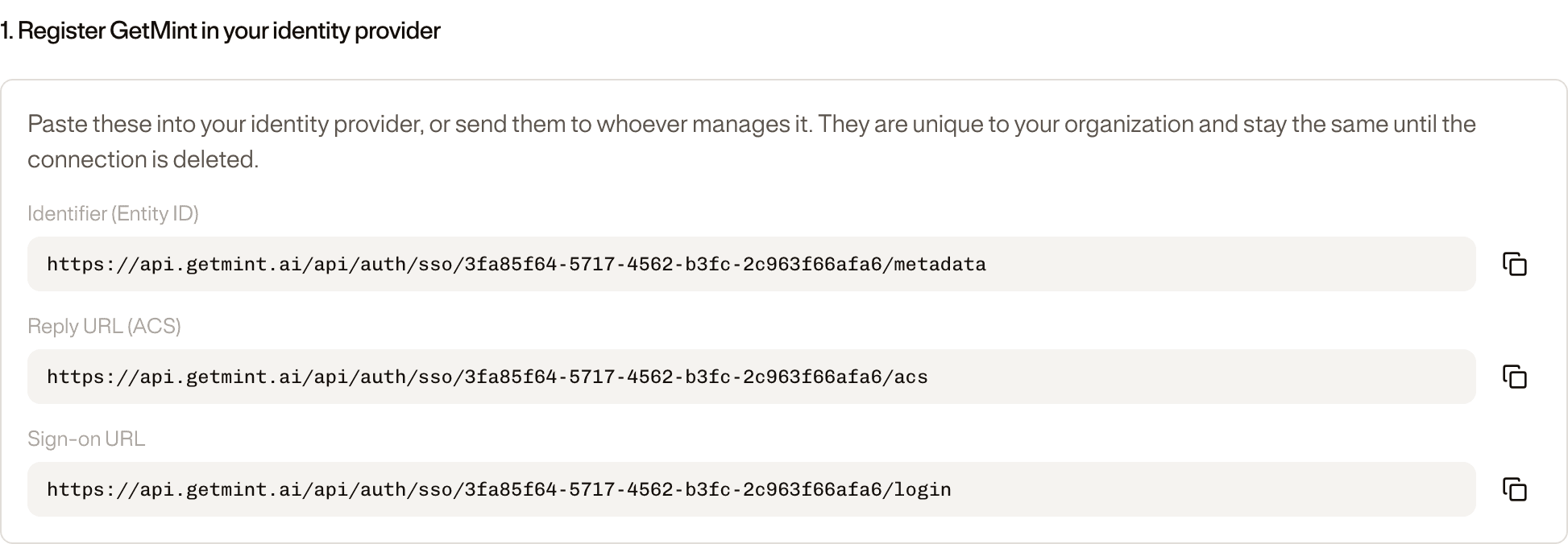 Section 1, Register GetMint in your identity provider: the Identifier (Entity ID), Reply URL (ACS) and Sign-on URL to paste into the identity provider, each with a copy button.