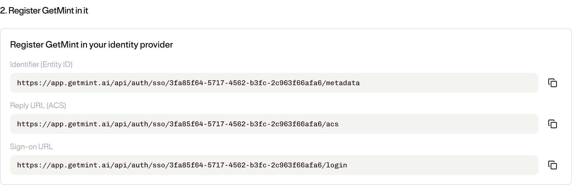 Section 2, Register GetMint in it: the Identifier (Entity ID), Reply URL (ACS) and Sign-on URL to paste into the identity provider, each with a copy button.