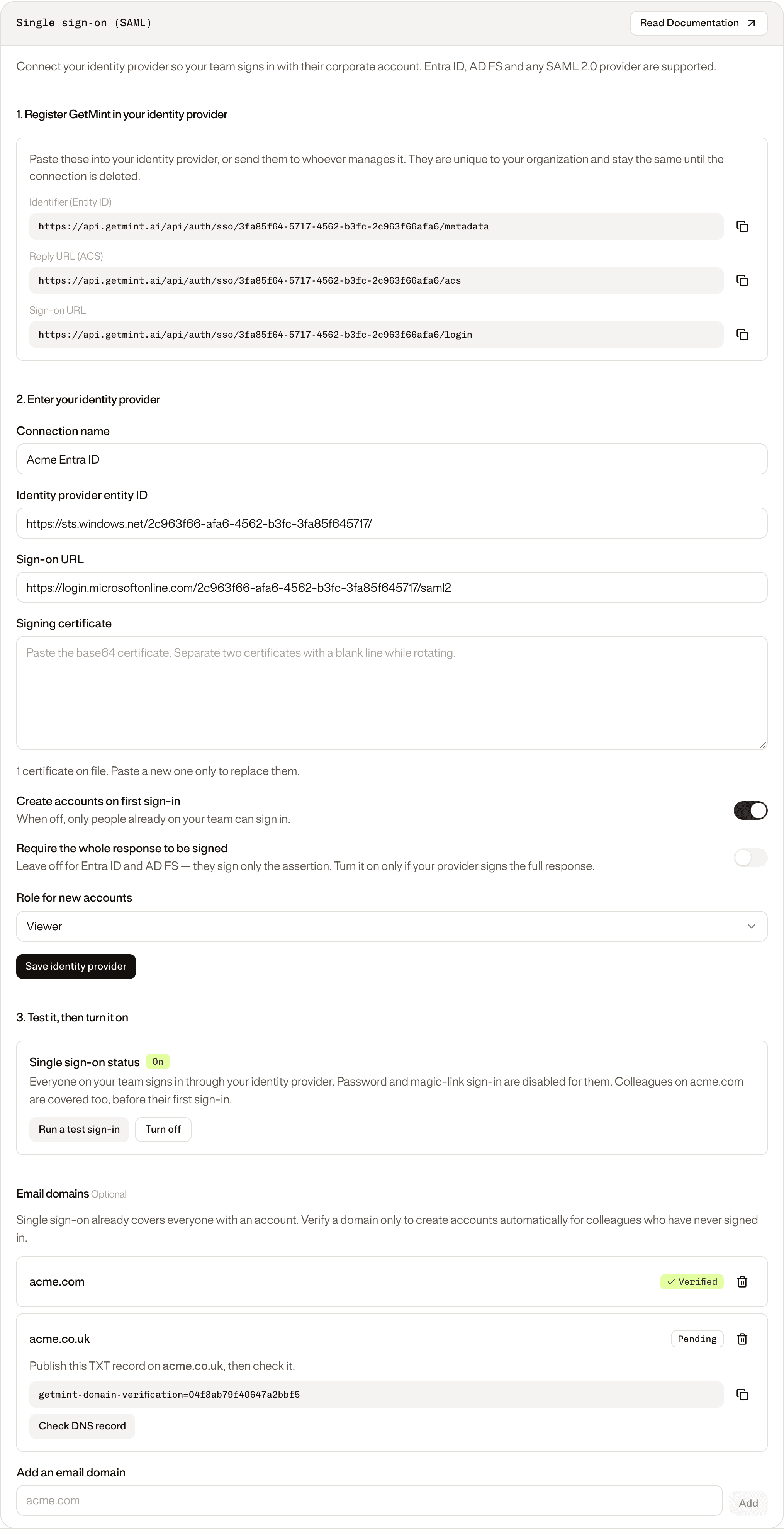 The Single sign-on (SAML) card under Settings → Team: GetMint's registration values, the identity provider form, the status row and the email domains list.