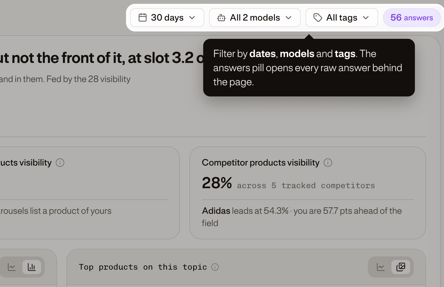 The date, model and tag filters at the top right of the page, next to the 56 answers pill.